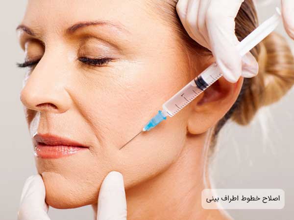 تصویری از یک خانم در حال تزریق بوتاکس صورت در ناحیه اطراف بینی توسط پزشک . نمای تصویر سه رخ می باشد. دستکش پزشک سفید بوده و زمینه تصویر نیز سفید می باشد