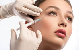 سرنگ تزريق مزوژل روي صورت يک خانم جوان قرار گرفته است در پس زمينه سفيد.